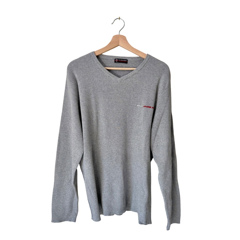 Vintage Polo Jeans Co Ralph Lauren Mens Gray Ribbed V-Neck Sweater Size Large